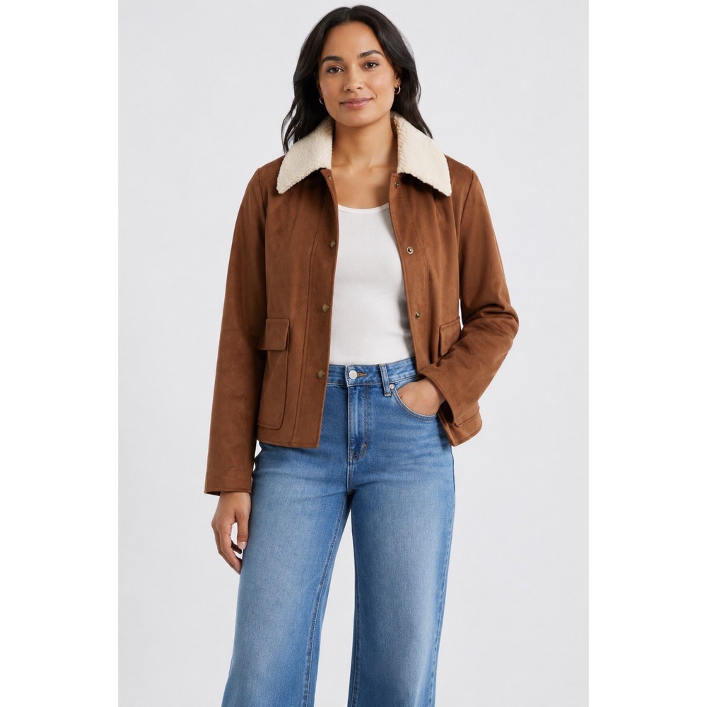 Sam Edelman Faux Leather Jacket Faux Shearling Collar Brown Women NWT XXL 18
